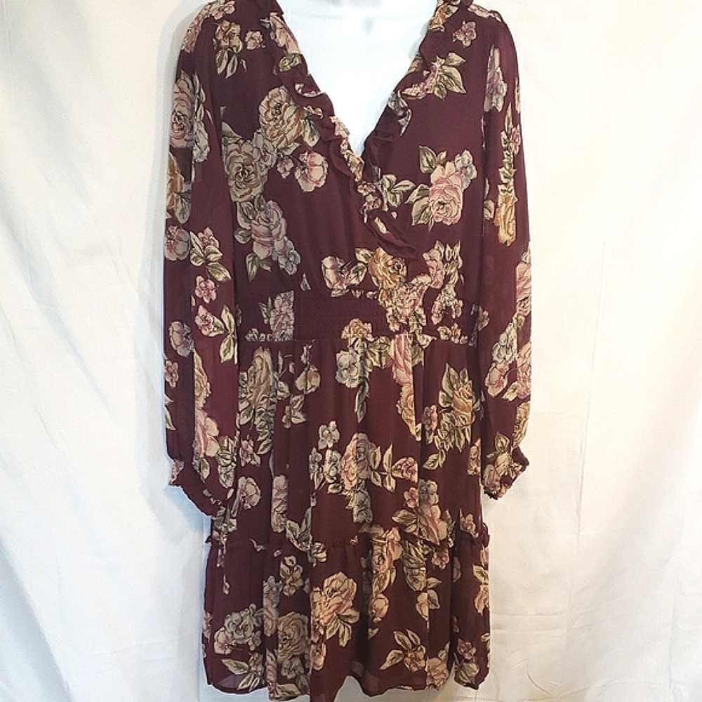 Maurices Red Cream V-Neck Bishop Sleeve Sundress